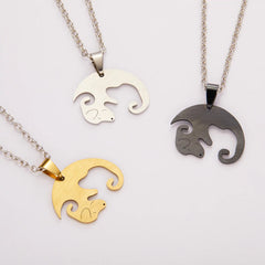 Cat Embrace Couple Necklace Set