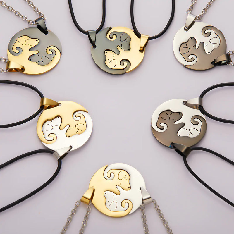 Cat Embrace Couple Necklace Set