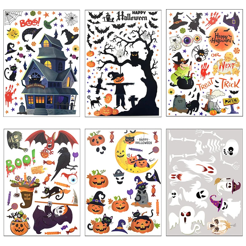 Removable Halloween Wall Stickers Horror Grim Reaper Witch Pumpkin Window Stickers For Halloween Party Home Bar Floor Wall Decal