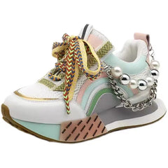 Whimsical Rainbow Pearl Chain Sneakers