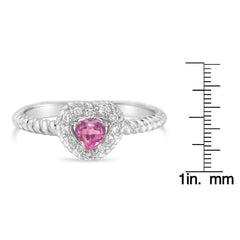 .925 Sterling Silver 4MM Pink Sapphire Heart and Diamond Accent Heart Ring (I-J Color, I2-I3 Clarity)