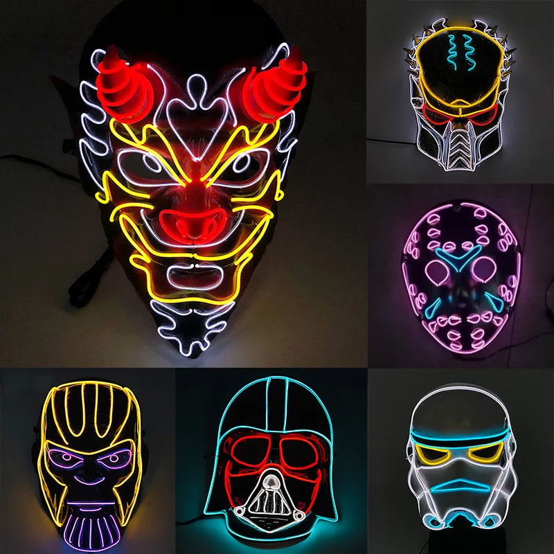 Popular Halloween Glowing Mixed Colors Mask LED Light Up Horror Mask Luminous Neon Cosplay Face Mask Rave Halloween Supplies