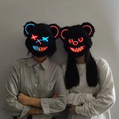 LED Cosplay Glowing  Bloody Bear Mask Halloween Horror Plush Rabbit Mask Bloody Bear Mask Decorative Festival Mask Neon Headgear