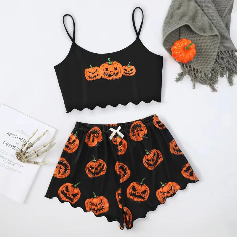 Women's Pajama Set Halloween Pumpkin Skeleton  Print Cami Top & Lettuce Trim Shorts Sleepwear & Loungewear