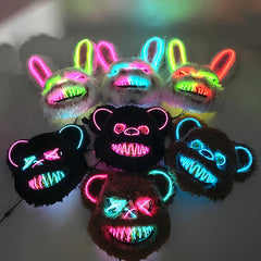 LED Cosplay Glowing  Bloody Bear Mask Halloween Horror Plush Rabbit Mask Bloody Bear Mask Decorative Festival Mask Neon Headgear