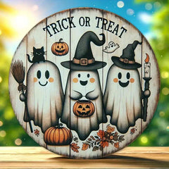 1pc, 2D Wooden Halloween Three Cute Ghost Broom Spoof Pumpkins 7.9Inch/20cm Round Hanging Sign Wall or Door Decor Wall Art