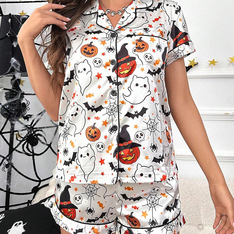 Women Halloween Satin Pajama Set Ghost Pumpkin Print Short Sleeve Button Closure Top with Shorts 2 Pieces Sleepwear Loungewear