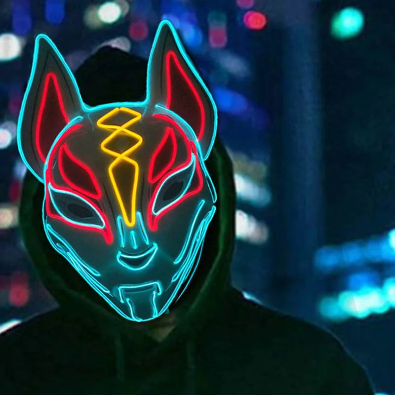 Halloween Glowing Face Mask Light Up Japanese Anime Fox Mask Luminous LED Mask Game Theme Mask Cosplay Supplies