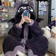 Kawaii Cartoon Bat Y2k Plush Pajamas Anime Cloak Sleepwear Costume Halloween Cloak For Adults Winter Pajamas Women Blanket Cape