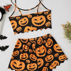 Halloween Pumpkin Print Pajama Set Spooky Pumpkin Head Print Round Neck Camisole Top and Pumpkin Lettuce Side Shorts Homewear Pa