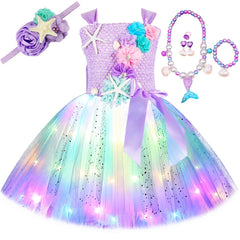 Princess Mermaid Dress for Girls LED Light Up Ocean Themed Birthday Party Tutu Dress Clothes Halloween Costume for Kids Vestidos