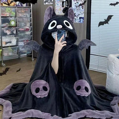 Kawaii Cartoon Bat Y2k Plush Pajamas Anime Cloak Sleepwear Costume Halloween Cloak For Adults Winter Pajamas Women Blanket Cape