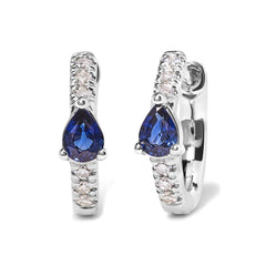 10K White Gold Pear Shaped Blue Sapphire and 1/10 Cttw Diamond Huggy Hoop Earrings (H-I Color, I1-I2 Clarity)