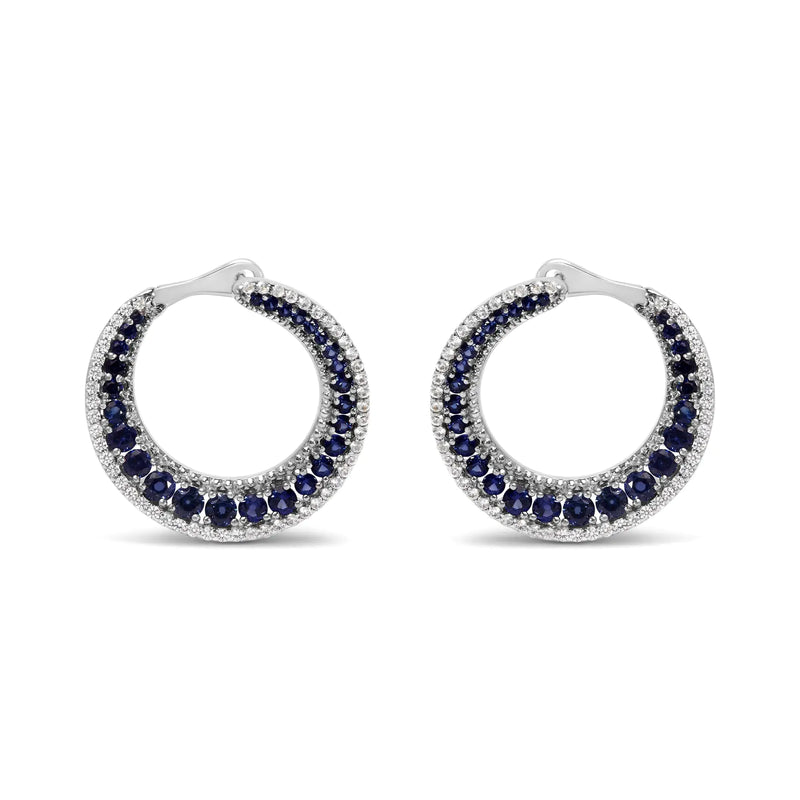 .925 Sterling Silver 2 3/4 Cttw Created Blue Sapphire Crescent Moon Disc Style Hoop Earrings - AAA Quality